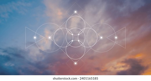 Flower of life. Tree of life. Sacred geometry spiritual new age futuristic illustration with transmutation interlocking circles, triangles and glowing