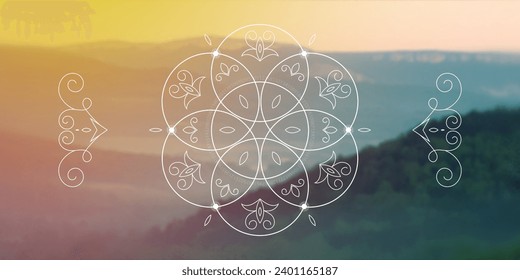 Flower of life. Tree of life. Sacred geometry spiritual new age futuristic illustration with transmutation interlocking circles, triangles and glowing