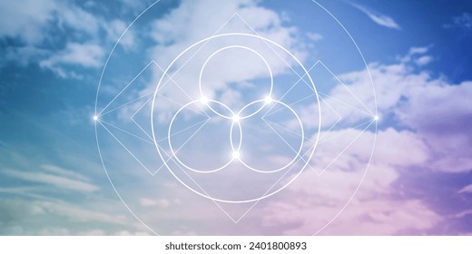 Flower of life. Tree of life. Sacred geometry spiritual new age futuristic illustration with transmutation interlocking circles, triangles and glowing