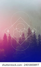 Flower of life. Tree of life. Sacred geometry spiritual new age futuristic illustration with transmutation interlocking circles, triangles and glowing