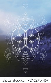 Flower of life. Tree of life. Sacred geometry spiritual new age futuristic illustration with transmutation interlocking circles and triangles