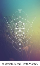 Flower of life. Tree of life. Sacred geometry spiritual new age futuristic illustration with transmutation interlocking circles and triangles