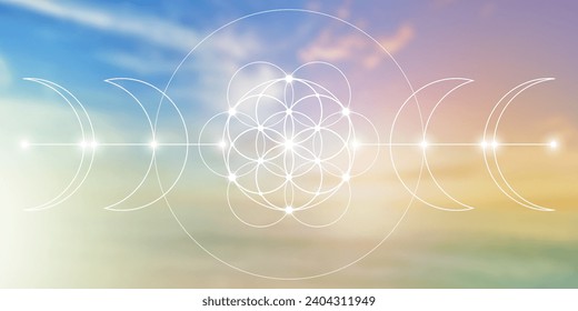 Flower of life. Tree of life. Sacred geometry spiritual new age futuristic illustration with transmutation interlocking circles, triangles and glowing