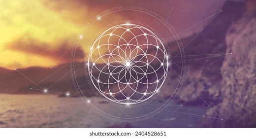 Flower of life. Tree of life. Sacred geometry spiritual new age futuristic illustration with transmutation interlocking circles and triangles