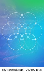Flower of life. Tree of life. Sacred geometry spiritual new age futuristic illustration with transmutation interlocking circles and triangles