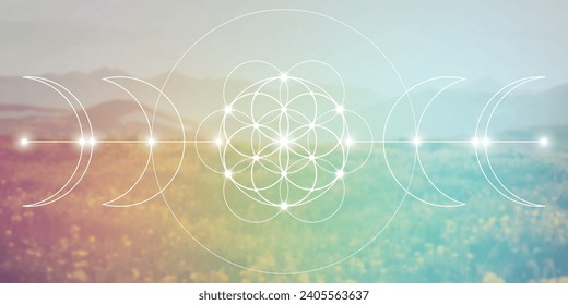 Flower of life. Tree of life. Sacred geometry spiritual new age futuristic illustration with transmutation interlocking circles and triangles
