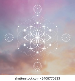 Flower of life. Tree of life. Sacred geometry spiritual new age futuristic illustration with interlocking circles, triangles and particles