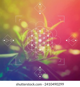 Flower of life. Tree of life. Sacred geometry spiritual new age futuristic illustration with interlocking circles, triangles and particles