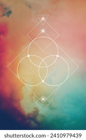 Flower of life. Tree of life. Sacred geometry spiritual new age futuristic illustration with interlocking circles, triangles and particles