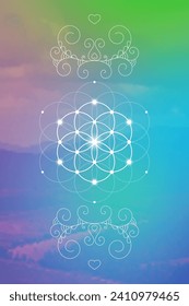 Flower of life. Tree of life. Sacred geometry spiritual new age futuristic illustration with interlocking circles, triangles and particles