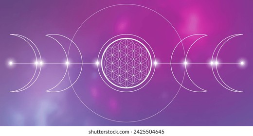 Flower of life. Tree of life. Sacred geometry spiritual new age futuristic illustration with interlocking circles, triangles and particles