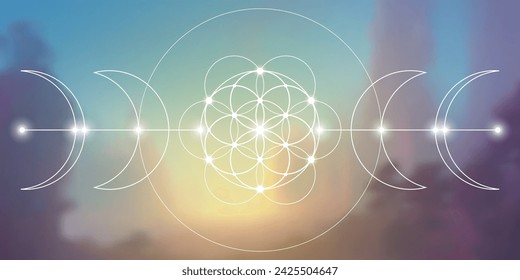 Flower of life. Tree of life. Sacred geometry spiritual new age futuristic illustration with interlocking circles, triangles and particles