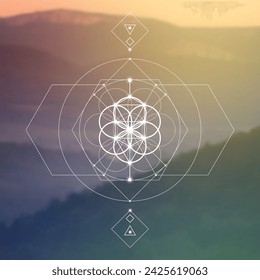 Flower of life. Tree of life. Sacred geometry spiritual new age futuristic illustration with interlocking circles, triangles and particles