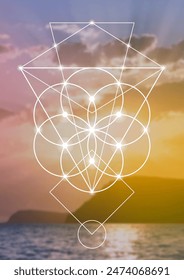 Flower of life. Tree of life. Sacred geometry spiritual new age futuristic illustration with interlocking circles, triangles and particles