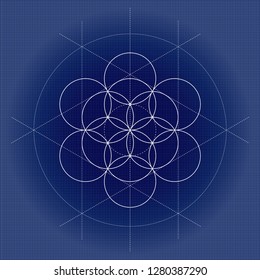 Flower of Life. White Vector Sacred Geometry on technical paper