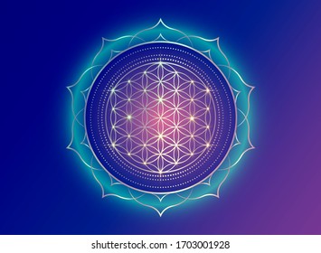 Flower of Life, Yantra Mandala in the lotus flower, Sacred Geometry. Bright golden symbol of harmony and balance. Mystical gold shiny colorful talisman, vector isolated on purple background 