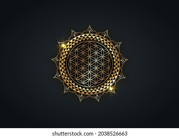 Flower of Life, Yantra Mandala in the lotus flower, Sacred Geometry. Bright golden luxury symbol of harmony and balance. Mystical lotus gold talisman, vector isolated on black background 