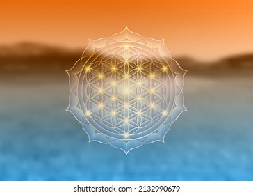 Flor de vida, Yantra Mandala en la flor de loto, Geometría sagrada. símbolo de armonía y equilibrio, ornamento geométrico brillante, relax de yoga, vector aislado en fondo natural de puesta de sol borrosa 