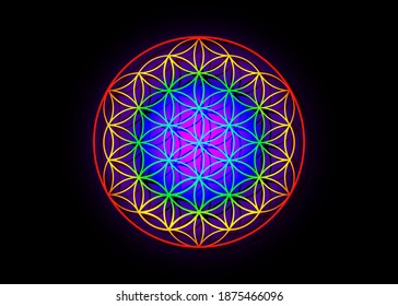 Flower of Life, Yantra Mandala, Metatron cube, Sacred Geometry. Bright glowing spectrum psychedelic colored symbol of harmony and balance. Vector isolated on black background 