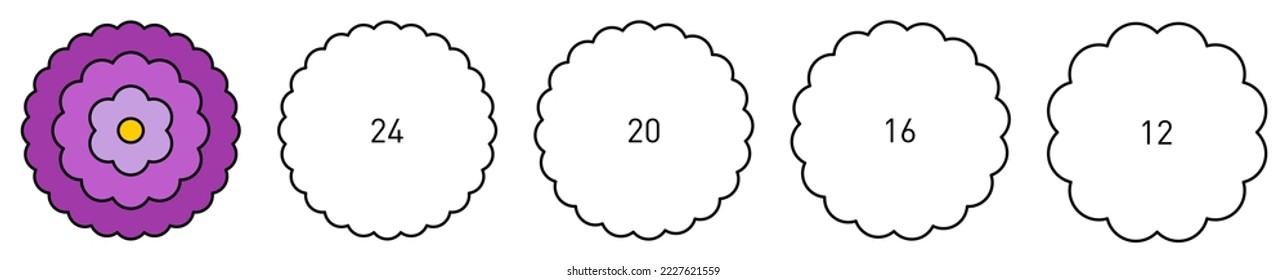 Flower like circle with wavy or semicircular edge, version with different number of petal shapes