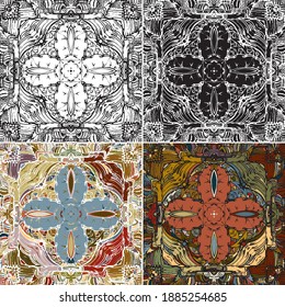 Flower like mirrored shapes, based on freehand drawn abstract texture digitally remastered to create tile like pattern, in four different versions, both monochrome and colored ones