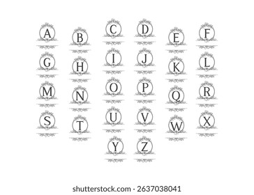 Flower line art and alphabet frame with copy space below, stylist floral design for logo or sign