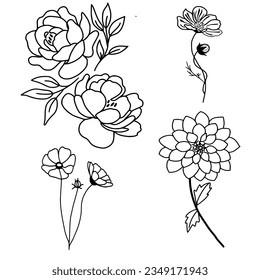 Ilustración de vectores de conjuntos de arte de línea de flores