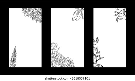 Flower Line Art Frame for IG Instagram Story Social Media Black Color. Best for wedding invitation, event invitation.