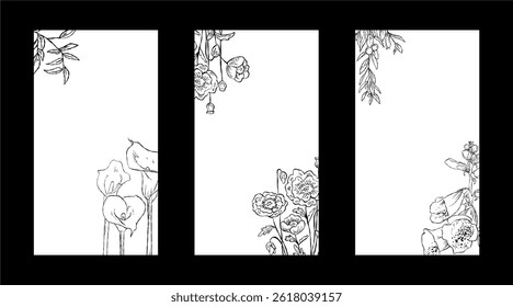 Flower Line Art Frame for IG Instagram Story Social Media Black Color. Best for wedding invitation, event invitation.