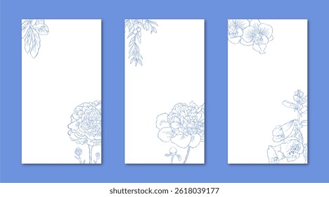 Flower Line Art Frame for IG Instagram Story Social Media Blue Color. Best for wedding invitation, event invitation.