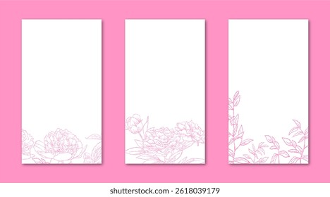 Flower Line Art Frame for IG Instagram Story Social Media Pink Color. Best for wedding invitation, event invitation.