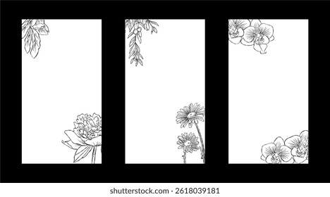 Flower Line Art Frame for IG Instagram Story Social Media Black Color. Best for wedding invitation, event invitation.