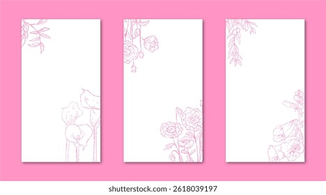 Flower Line Art Frame for IG Instagram Story Social Media Pink Color. Best for wedding invitation, event invitation.