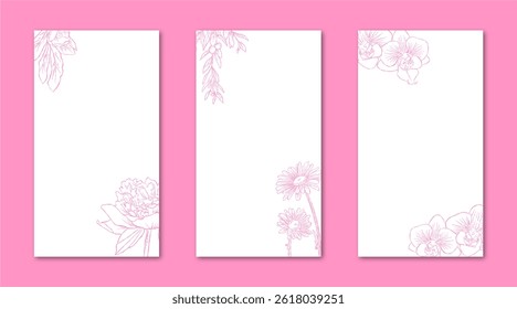 Flower Line Art Frame for IG Instagram Story Social Media Pink Color. Best for wedding invitation, event invitation.