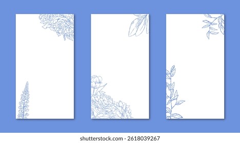 Flower Line Art Frame for IG Instagram Story Social Media Blue Color. Best for wedding invitation, event invitation.