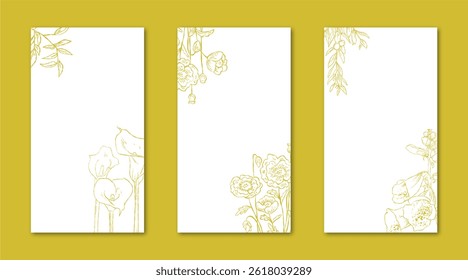Flower Line Art Frame for IG Instagram Story Social Media Gold Color. Best for wedding invitation, event invitation.