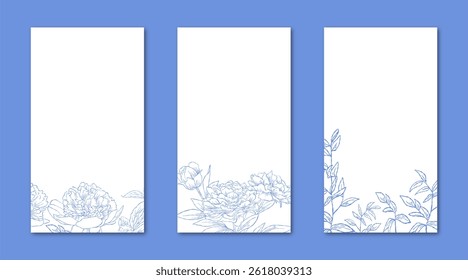 Flower Line Art Frame for IG Instagram Story Social Media Blue Color. Best for wedding invitation, event invitation.