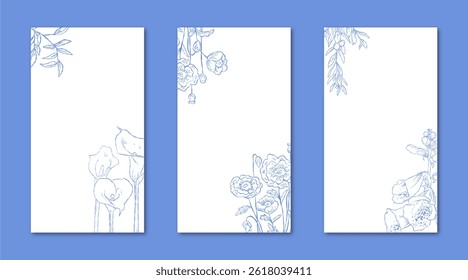 Flower Line Art Frame for IG Instagram Story Social Media Blue Color. Best for wedding invitation, event invitation.