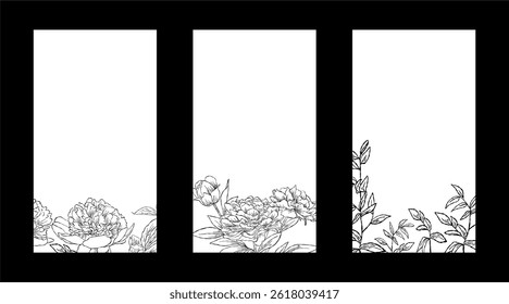 Flower Line Art Frame for IG Instagram Story Social Media Black Color. Best for wedding invitation, event invitation.