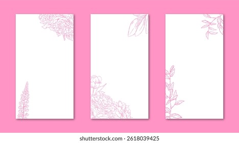 Flower Line Art Frame for IG Instagram Story Social Media Pink Color. Best for wedding invitation, event invitation.