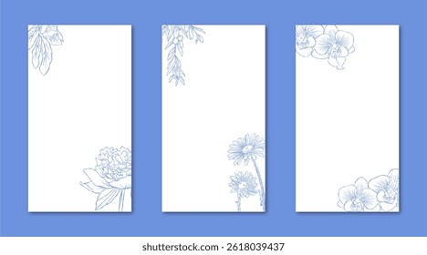 Flower Line Art Frame for IG Instagram Story Social Media Blue Color. Best for wedding invitation, event invitation.