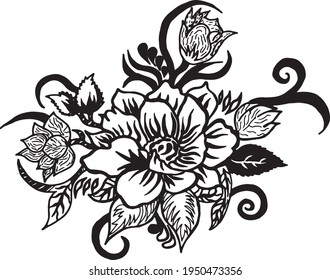 Flower line art illustration with henna style design black and white clip art. Flora design illustration traditional. Flower texture background.