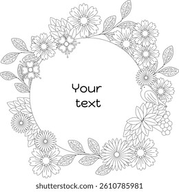 flower line art with leaves vector wreath for invitations, weddings, coloring, web design.