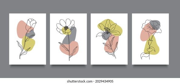 Flower line art, minimal flat style cards set. One line drawing, minimal shapes, doodles. Vector template design 
