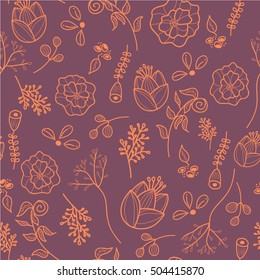 Flower line art pattern on a purple background featuring tulips, dahlias and other floral elements. Hand drawn illustration with isolated vector objects.  