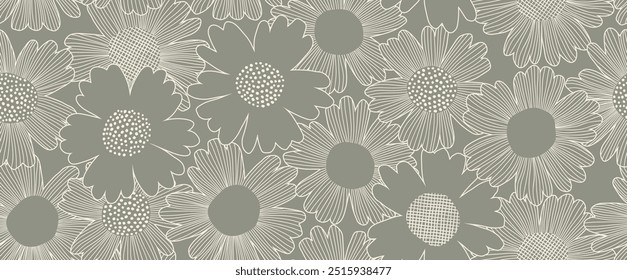 Flower line art seamless pattern. floral hand drawn vector background.