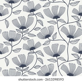 Flower line art seamless pattern. floral hand drawn vector background.