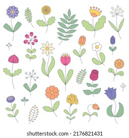 Flower line art set. Minimalist contour drawing. Floral symbols. Vector illustration