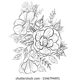 Flower in line art style. black linear drawing on a white background. sketch for tattoo. Illustration of a composition of summer flowers.