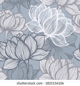 Flower line art. Vector floral background. Blue and grey art deco flower pattern.